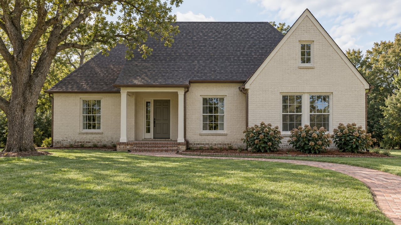 Ivory brick house with steep gables, a covered brick entry and broad lawn beneath a mature white oak.