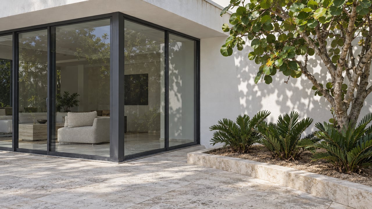 Sunlit white stucco and charcoal-framed glazing beside a limestone terrace and a sculptural sea grape tree.