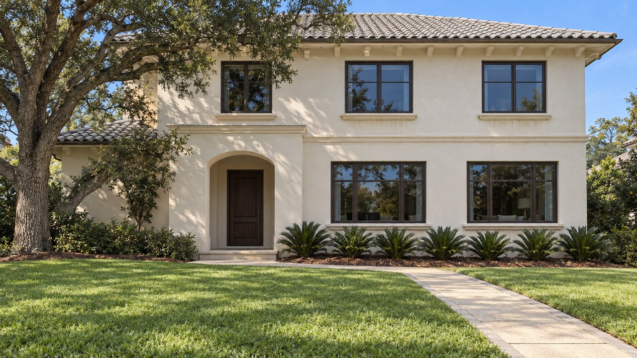 Cream stucco home with bronze-framed windows, a recessed arched entrance, a broad lawn and a mature live oak beside a pale paver walk.