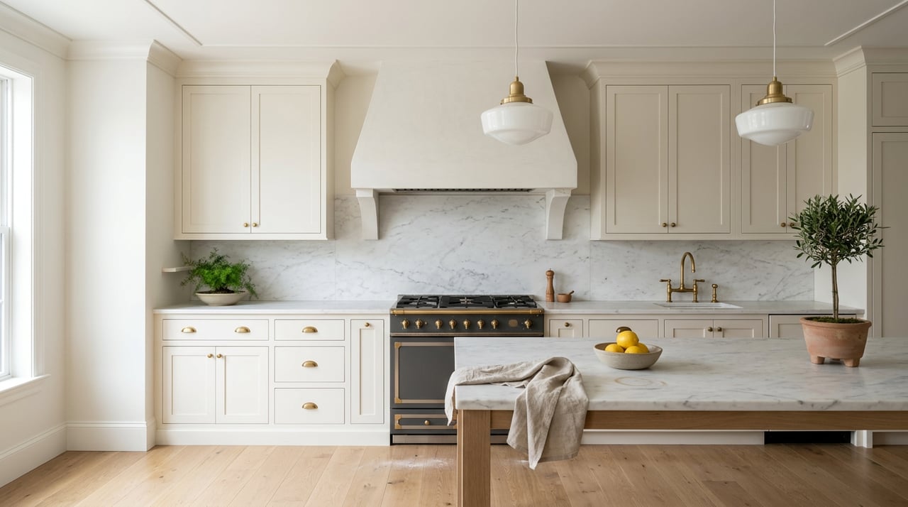 Off-white kitchen cabinetry frames a graphite range beneath a plaster hood, with marble surfaces and brass pendants.