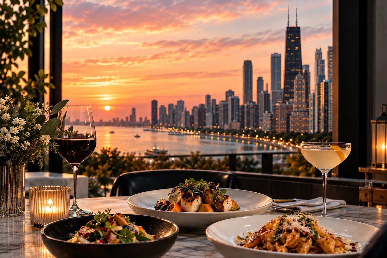 Plated restaurant dishes beside cocktails, overlooking the Chicago skyline at sunset.