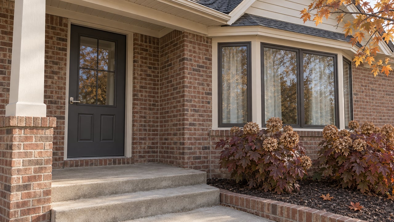 Autumn light across a brick home's covered entrance, dark-framed bay window and oakleaf hydrangeas.