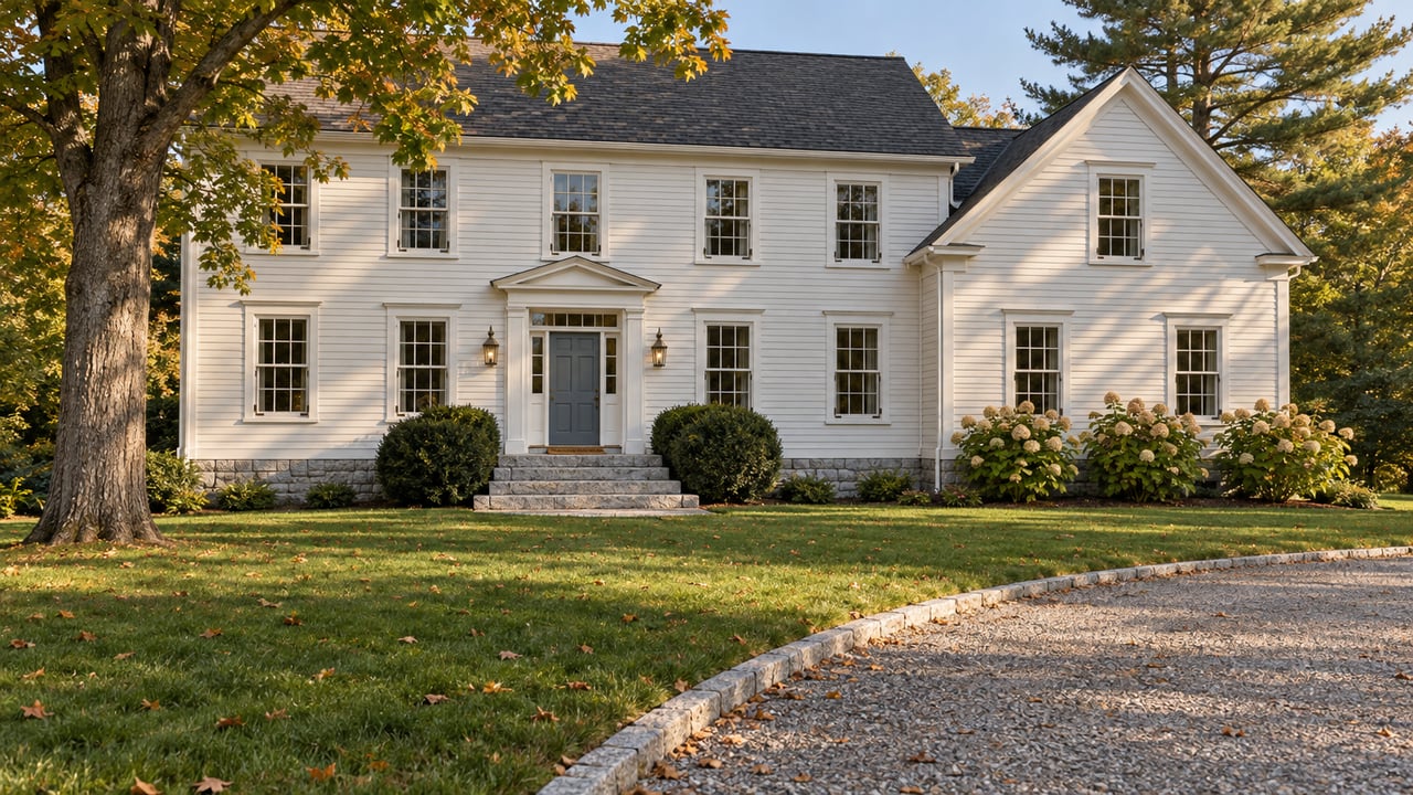 White two-story clapboard house with a blue-gray door, granite steps, broad lawn, and mature trees.