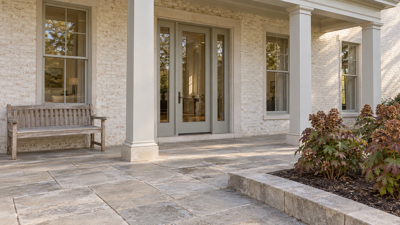 Sunlit limestone terrace beside a pale brick estate, with a glazed porch entry, teak bench and oakleaf hydrangeas.