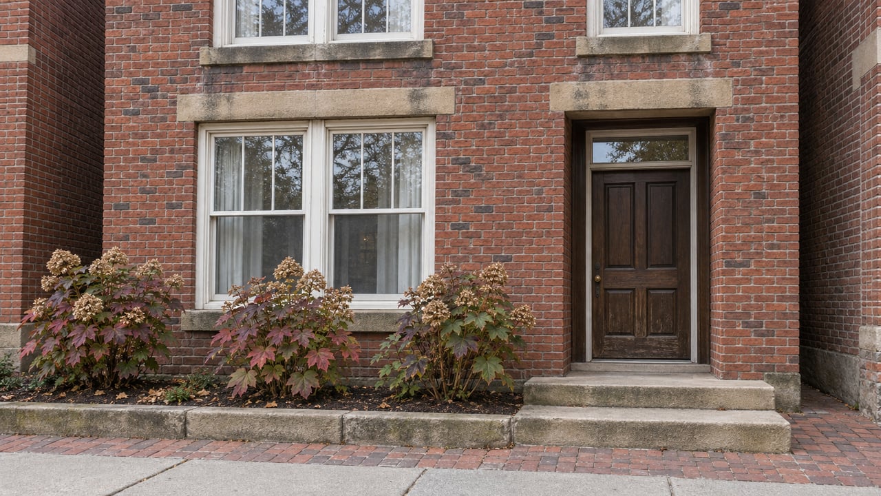 Historic red-brick home with sandstone window surrounds, an oak entry door, and a shallow brick terrace bordered by autumn oakleaf hydrangeas.