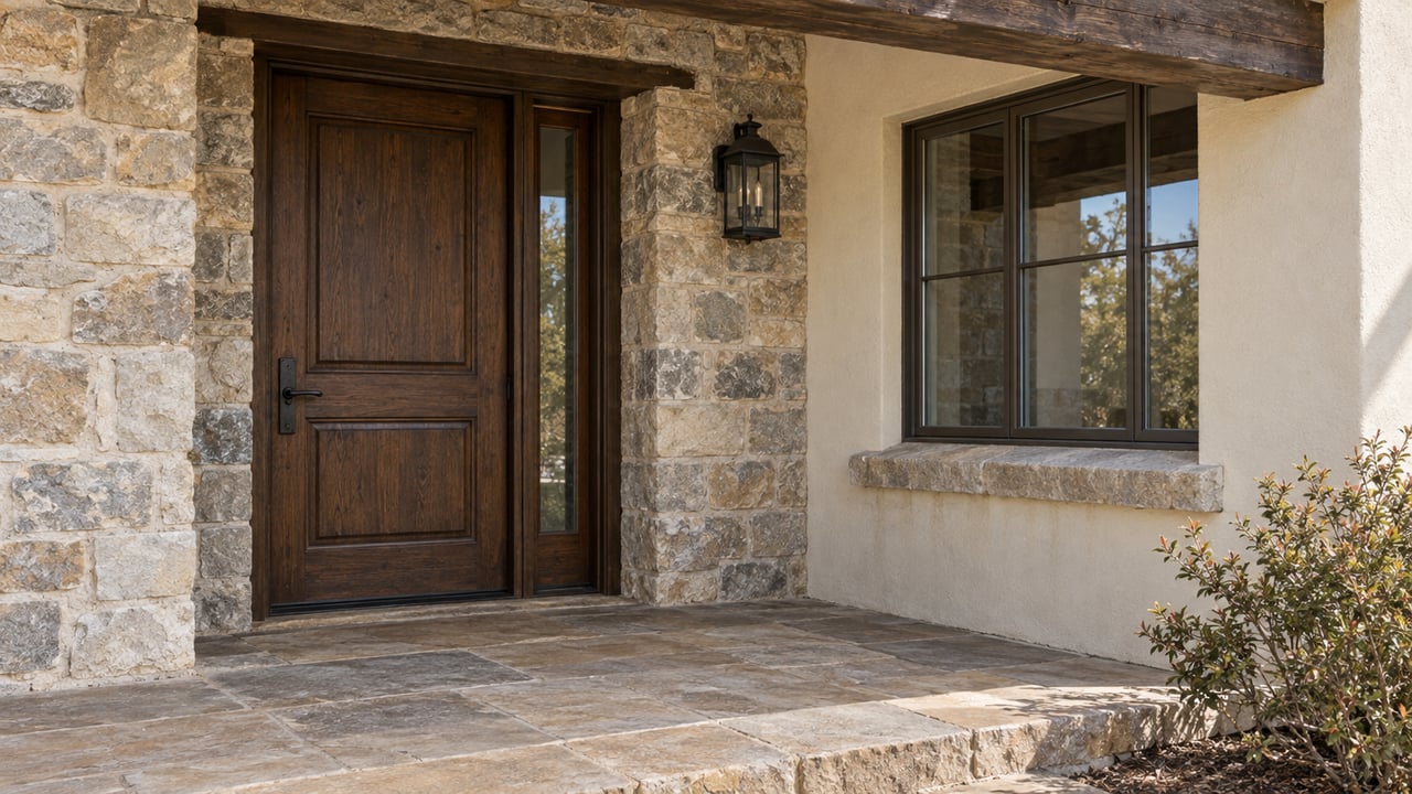Close view of a dark oak residential entry door, rough-cut stone surround, bronze-framed window and worn sandstone landing.