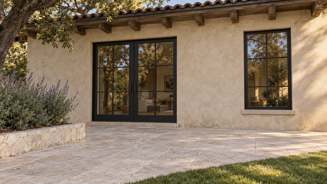 Sand-stucco home with black-steel glazed doors, limestone terrace, and oak canopy overhead.
