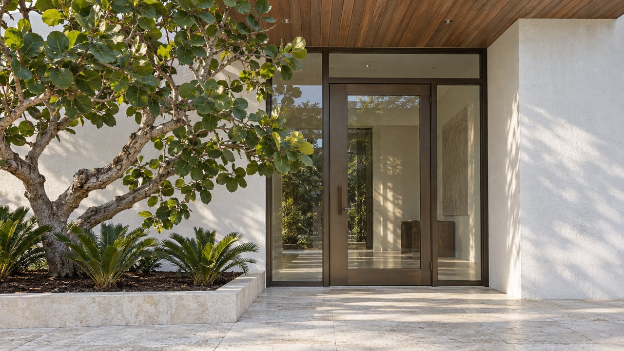 Contemporary home entrance with white stucco, bronze-framed glass, a teak canopy and a sea grape tree beside a limestone approach.