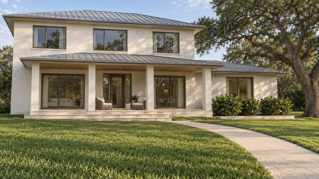 Light-rendered contemporary home with a raised stone porch, deep lawn and spreading live oak in soft afternoon light.