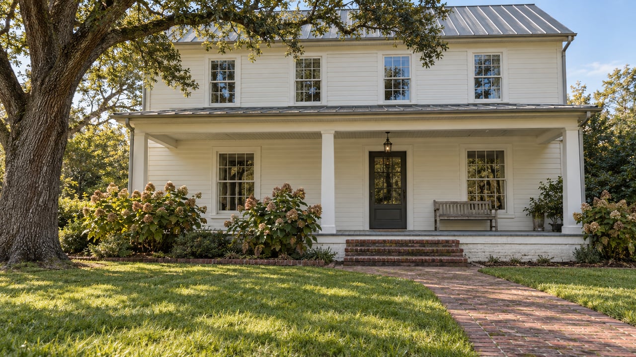 Ivory clapboard home with a shaded front porch, broad lawn, brick approach and mature live oak.