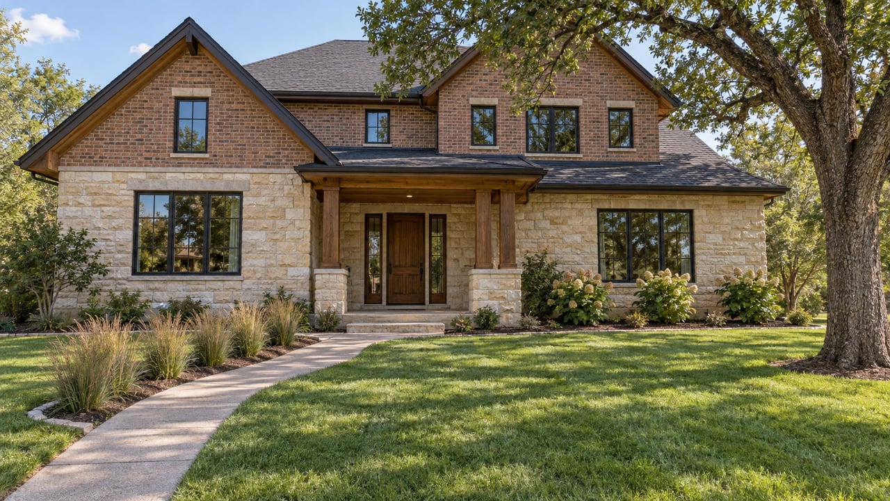 Stone-and-brick home with timber porch columns, a broad lawn, and a mature oak in soft afternoon light.