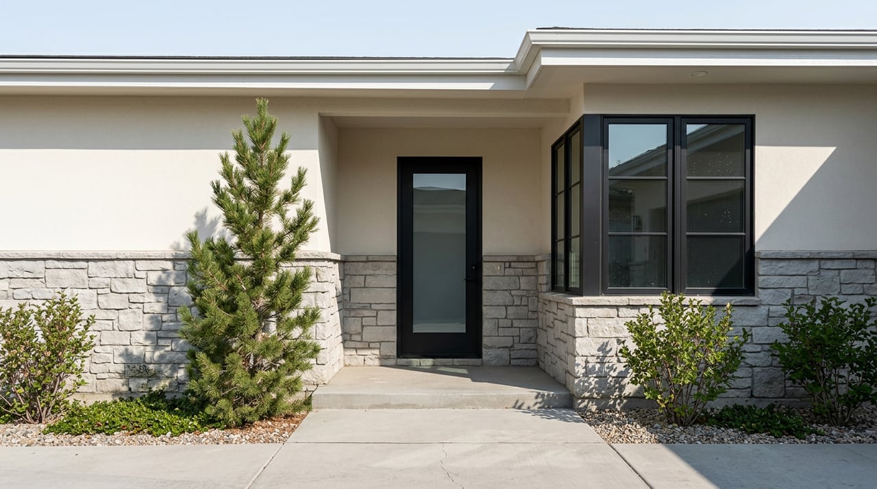 Contemporary entry with a recessed black steel-and-glass door, gray stone walls, and corner glazing.
