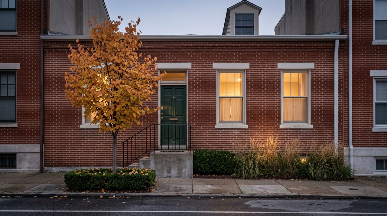 Brick rowhouse at dusk, with two glowing ground-floor windows and an apricot-gold Katsura tree beside the steps.