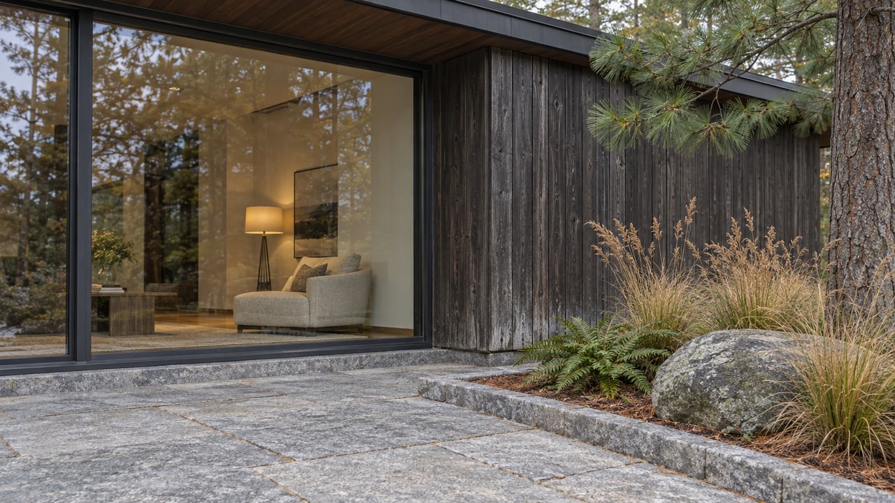 Dark cedar cottage facade with sealed floor-to-ceiling glazing, a granite landing and autumn grasses beside a rounded stone.