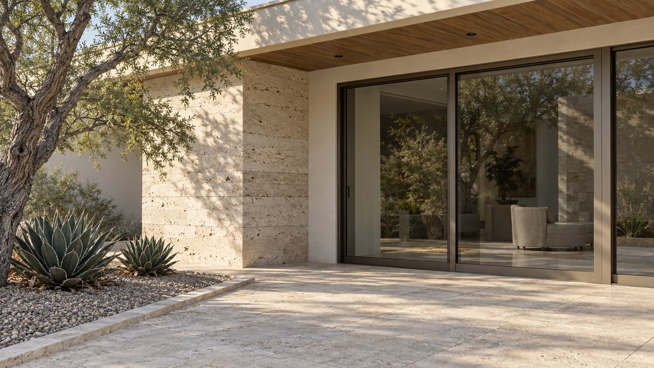 Limestone terrace beside a low-roofed home with bronze-framed glazing, a sculptural ironwood tree and two compact agaves.
