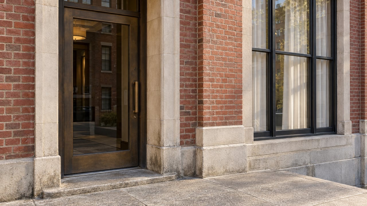 Warm morning light on a red-brick apartment entrance with bronze-framed glass, a tall dark-mullioned window and worn limestone paving.