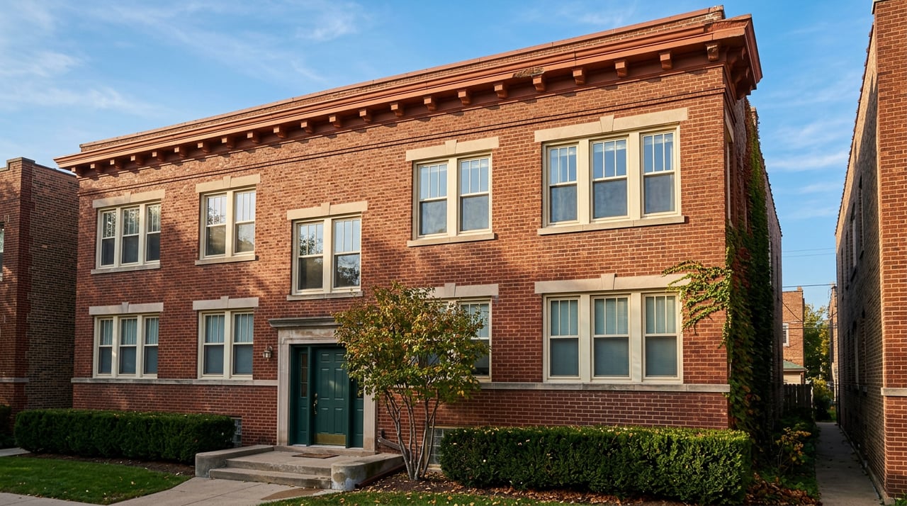 Three-story red-brick apartment building with cream-framed windows, green entrance door, clipped hedge, and serviceberry tree.