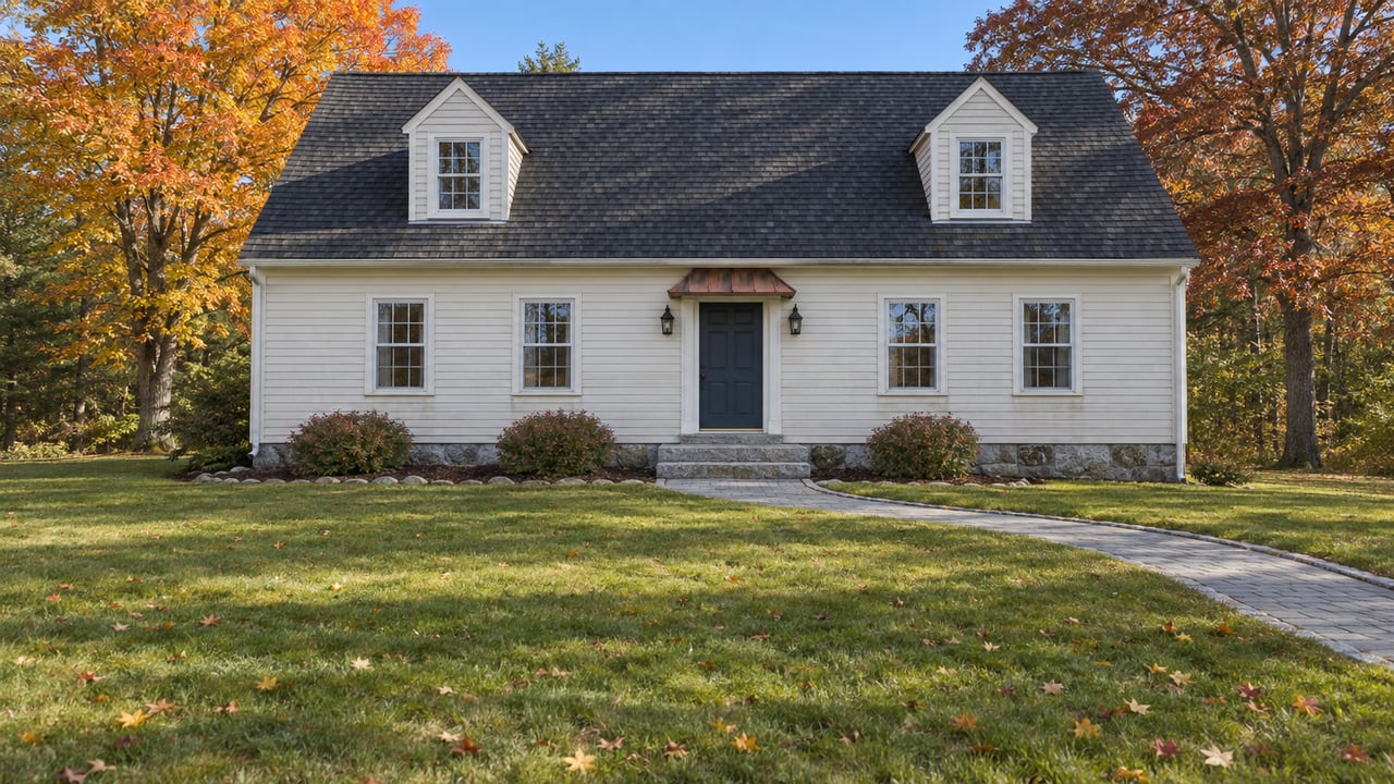 Ivory clapboard home with paired dormers and a navy front door beyond a broad autumn lawn, framed by maple and oak foliage.