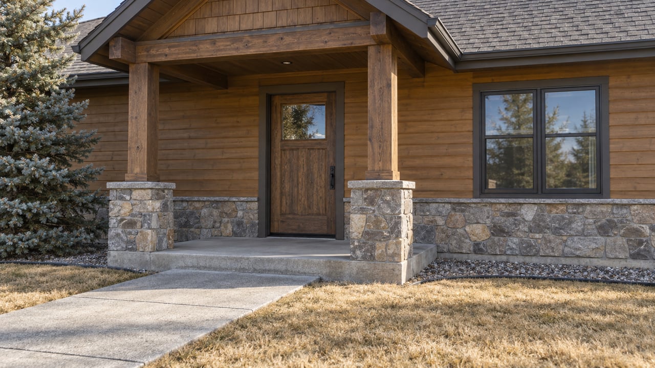 Timber-covered home entry with weathered wood siding, stone porch piers and a concrete approach bordered by dormant lawn.