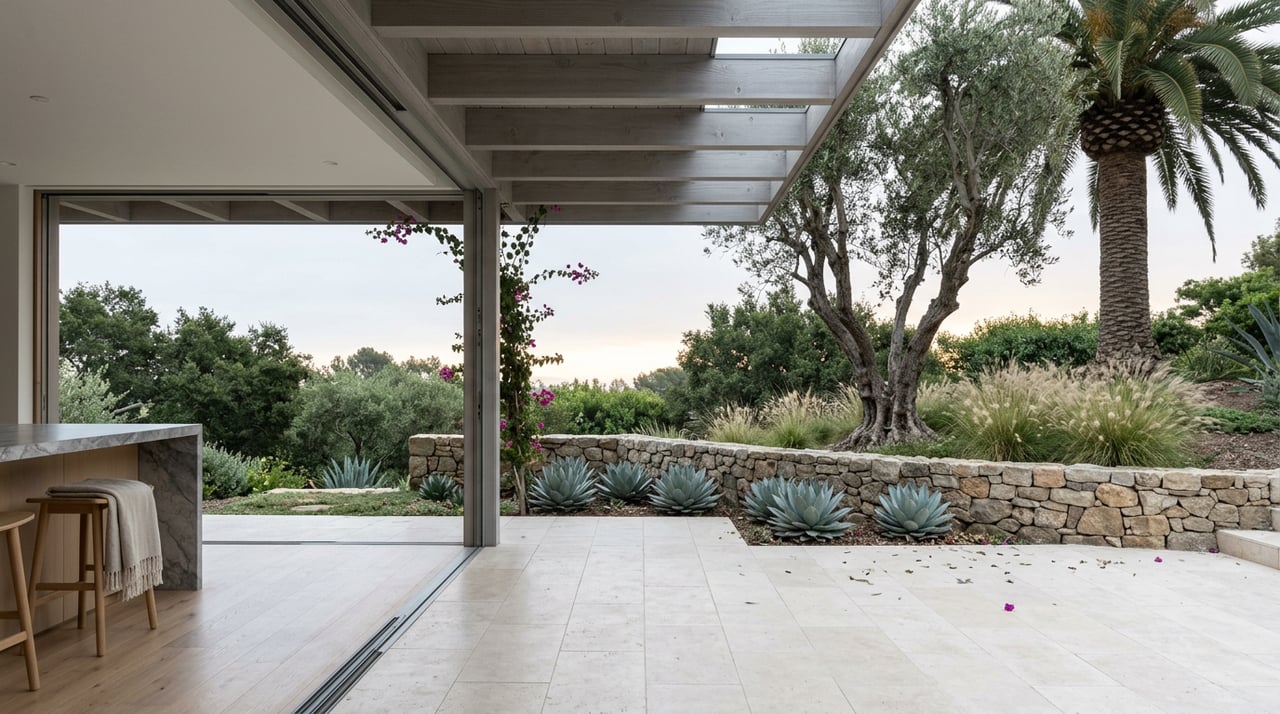 Covered terrace with pale stone pavers, a stacked-stone garden wall, agaves, and an olive tree on the slope.
