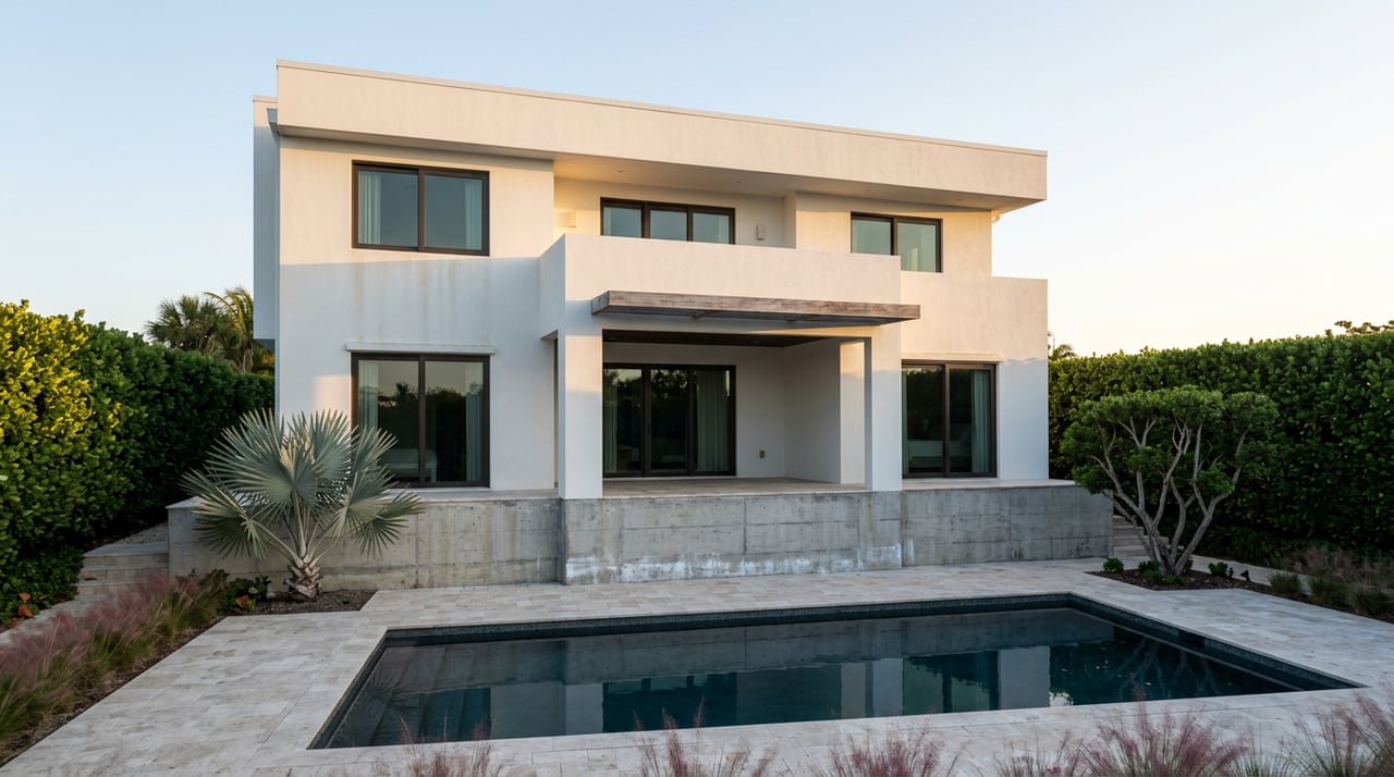 Elevated stucco home with a wood-trellis porch behind a still pool, bordered by a clipped hedge and palms.