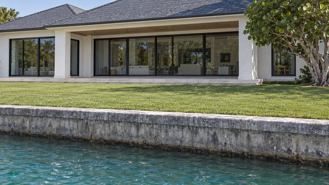 White waterfront home with slate roof behind a limestone terrace, deep lawn, and weathered seawall