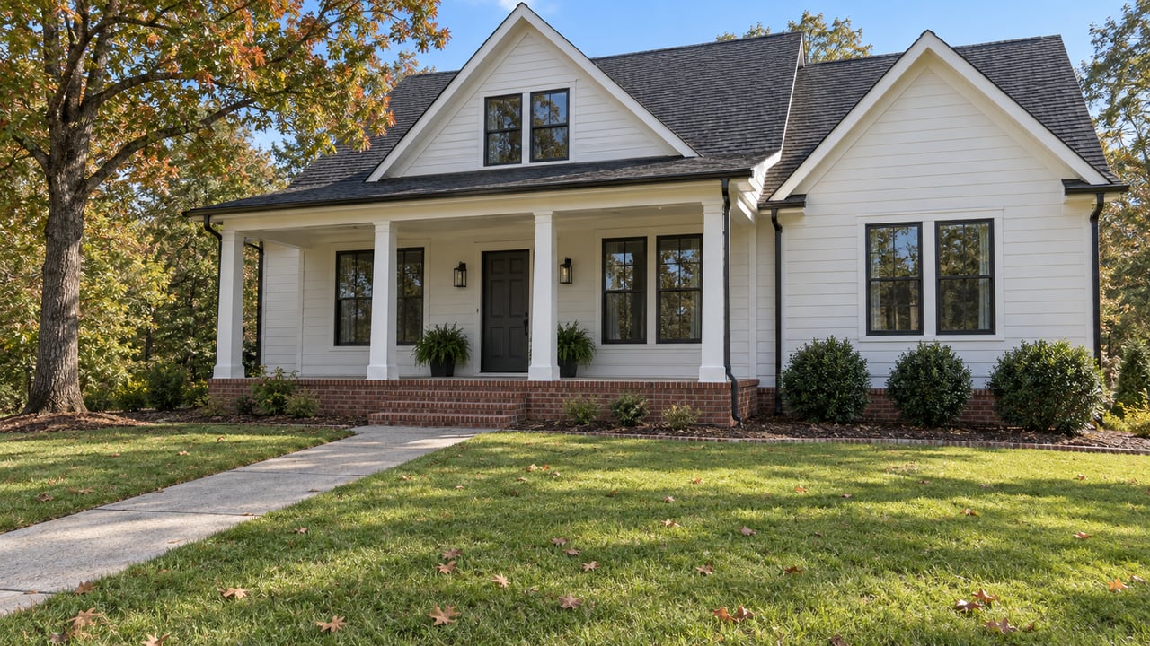 White lap-sided home with charcoal gables, a covered brick-step porch and a deep lawn beneath a mature oak.