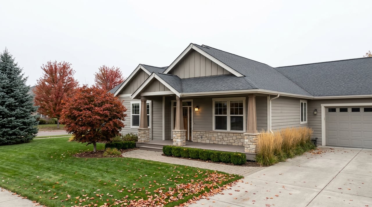 Gray ranch-style home with a stone-front porch, red-orange maple, and curving paver walkway.