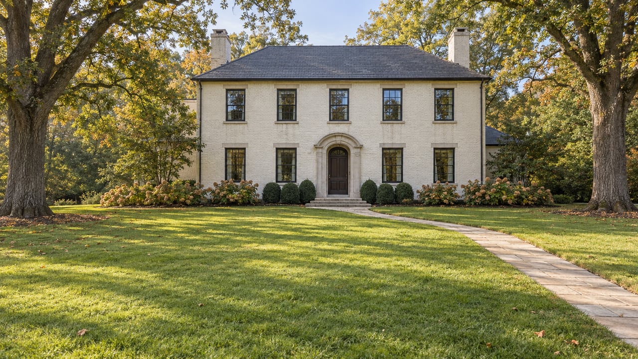 Cream painted-brick estate with slate roof beyond a broad lawn, framed by mature white oaks and formal foundation planting.