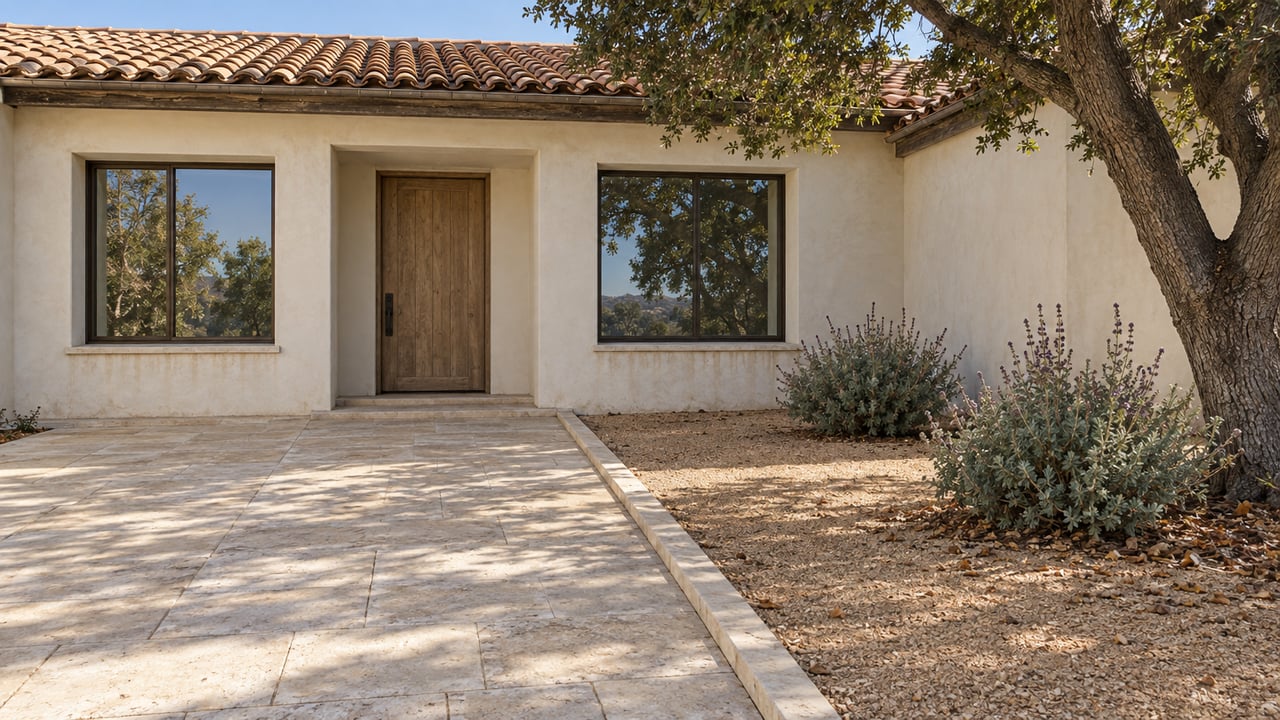 Sunlit stucco home with a clay-tile roof, recessed oak entry and limestone approach beside a mature oak and flowering sage.