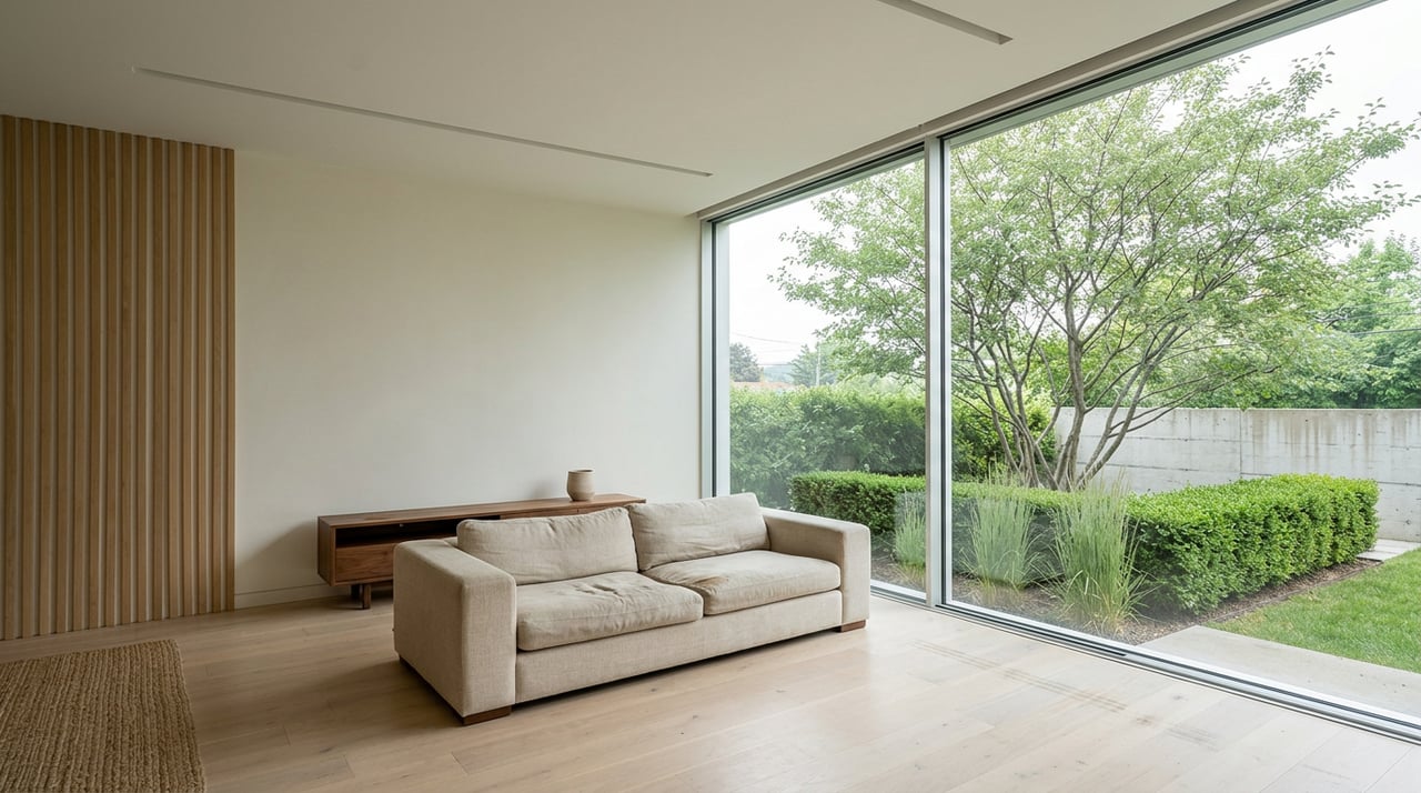 Open-plan great room with an oatmeal sofa, white oak slat wall, and glass doors overlooking a garden.