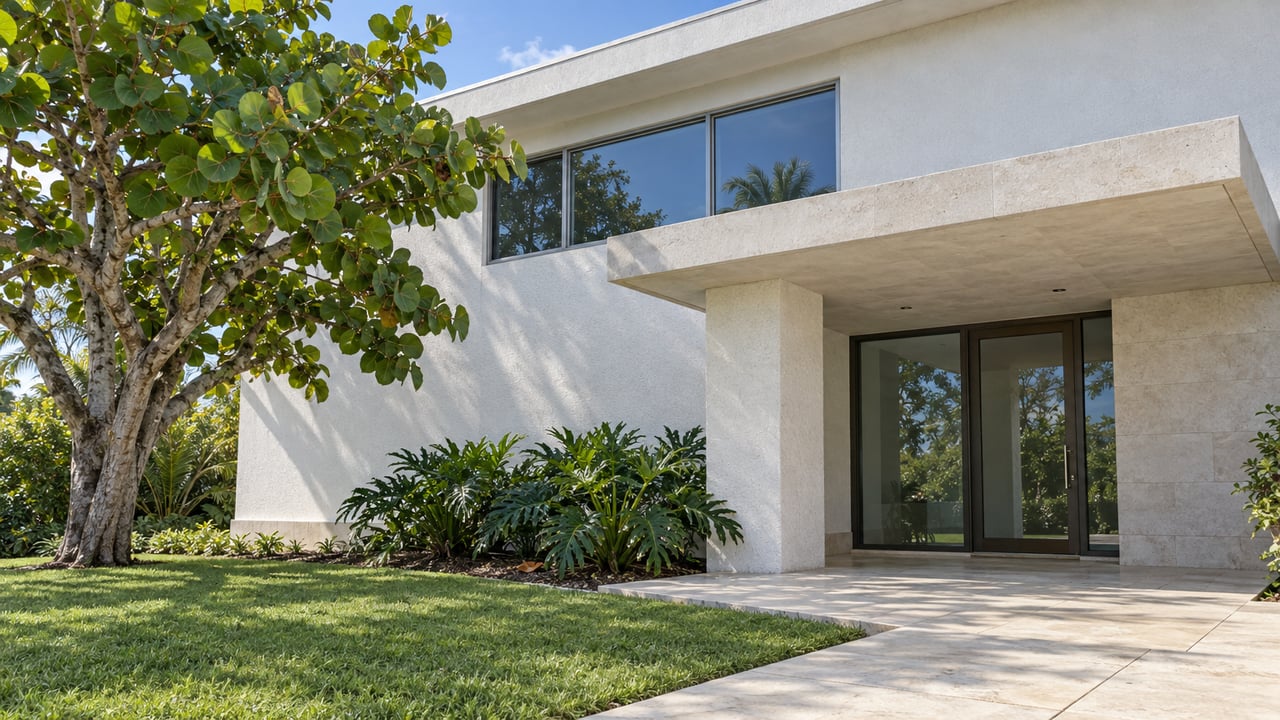 Pale stucco home with a projecting limestone entry canopy, bronze-framed glass door and a limestone walk beside a sea-grape tree.