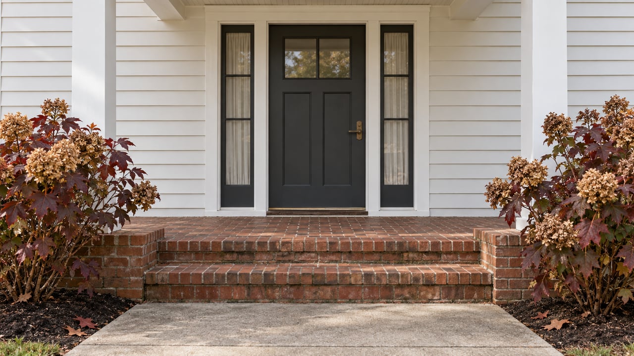 A charcoal front door with paired sidelights above red-brown brick steps, flanked by burgundy oakleaf hydrangeas.