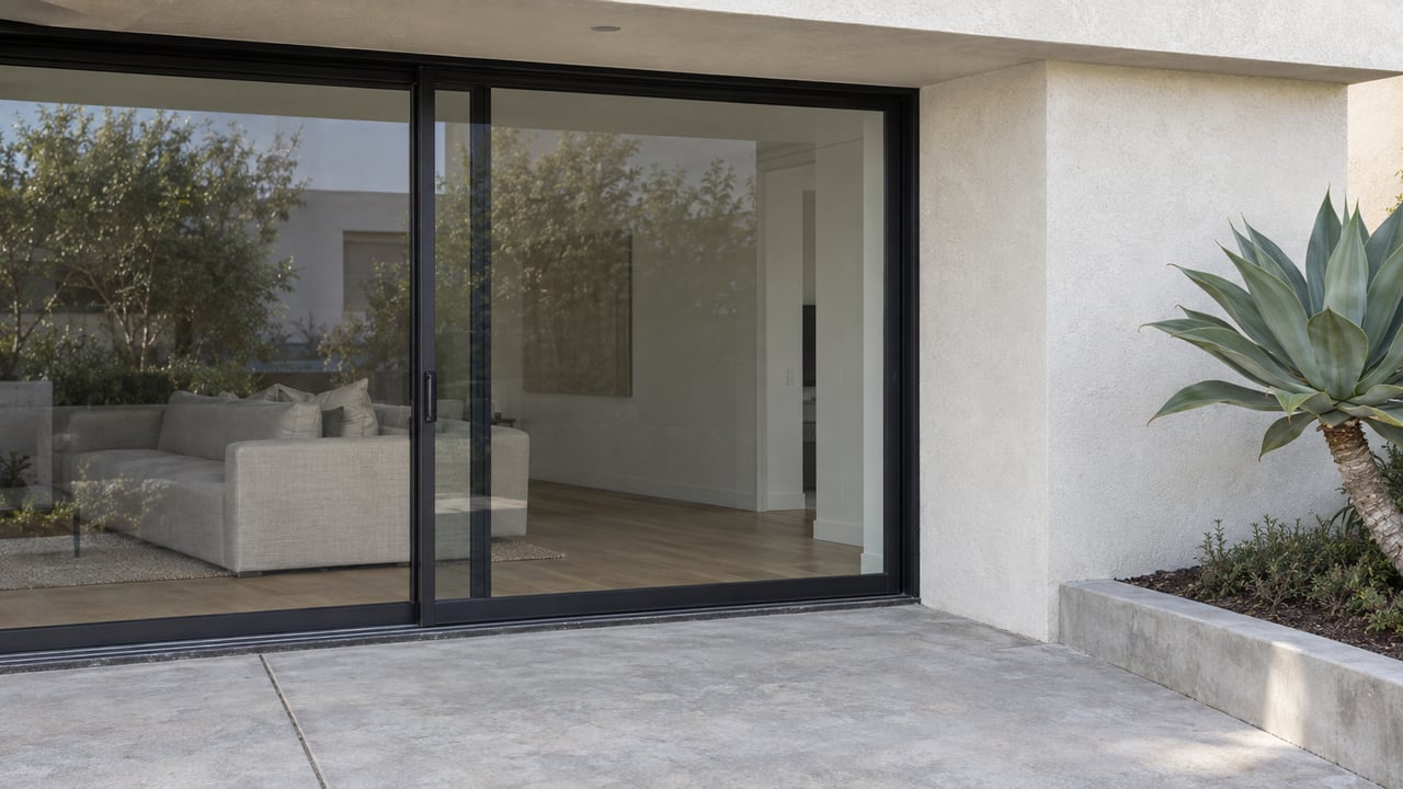 Close view of a pale stucco home's black-framed sliding glass doors beside a concrete patio and a sculptural agave.