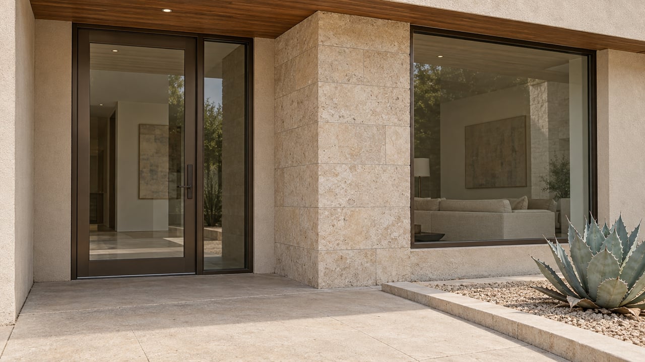 A shaded contemporary residential entry with bronze-framed glass, buff limestone, warm timber soffit, and a blue-gray agave in a gravel bed.