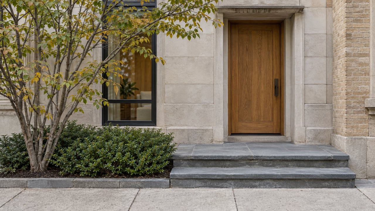 Renovated limestone townhouse entrance with an oak door, bluestone steps, and a small tree beside the facade.