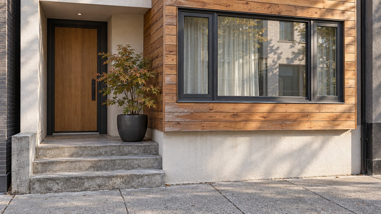 Cedar-clad window bay above a recessed oak entry, with worn concrete steps and one potted Japanese maple beside the sidewalk.