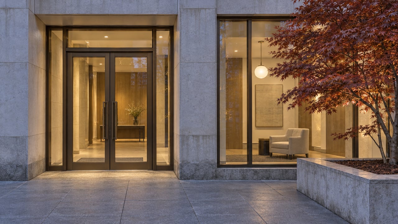 Limestone condominium entrance with paired bronze-framed glass doors, a warmly lit lobby and a copper-red Japanese maple in a stone planter.