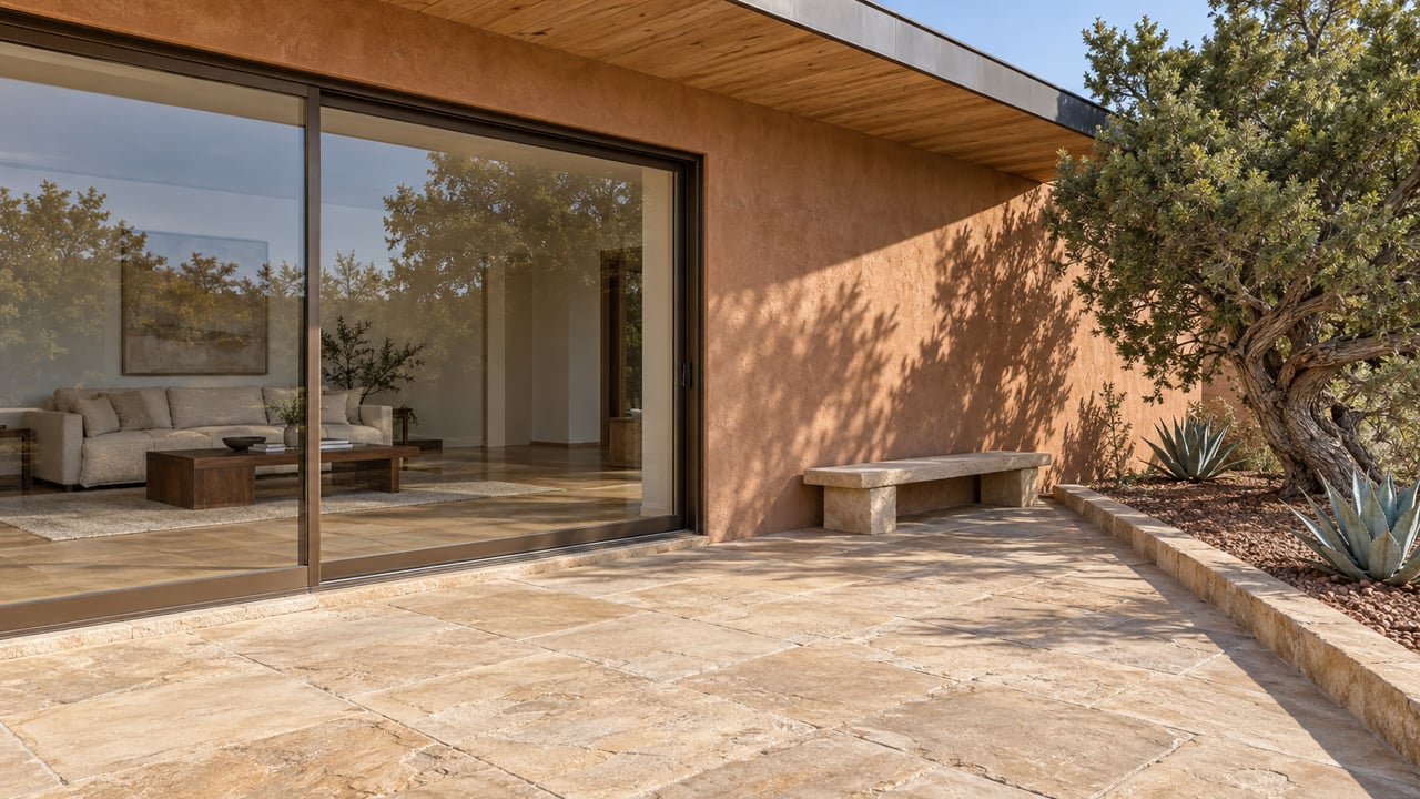 Sunlit sandstone terrace beside a clay-stucco home, with closed bronze-framed glazing, a timber overhang, and sculptural juniper and agave planting.