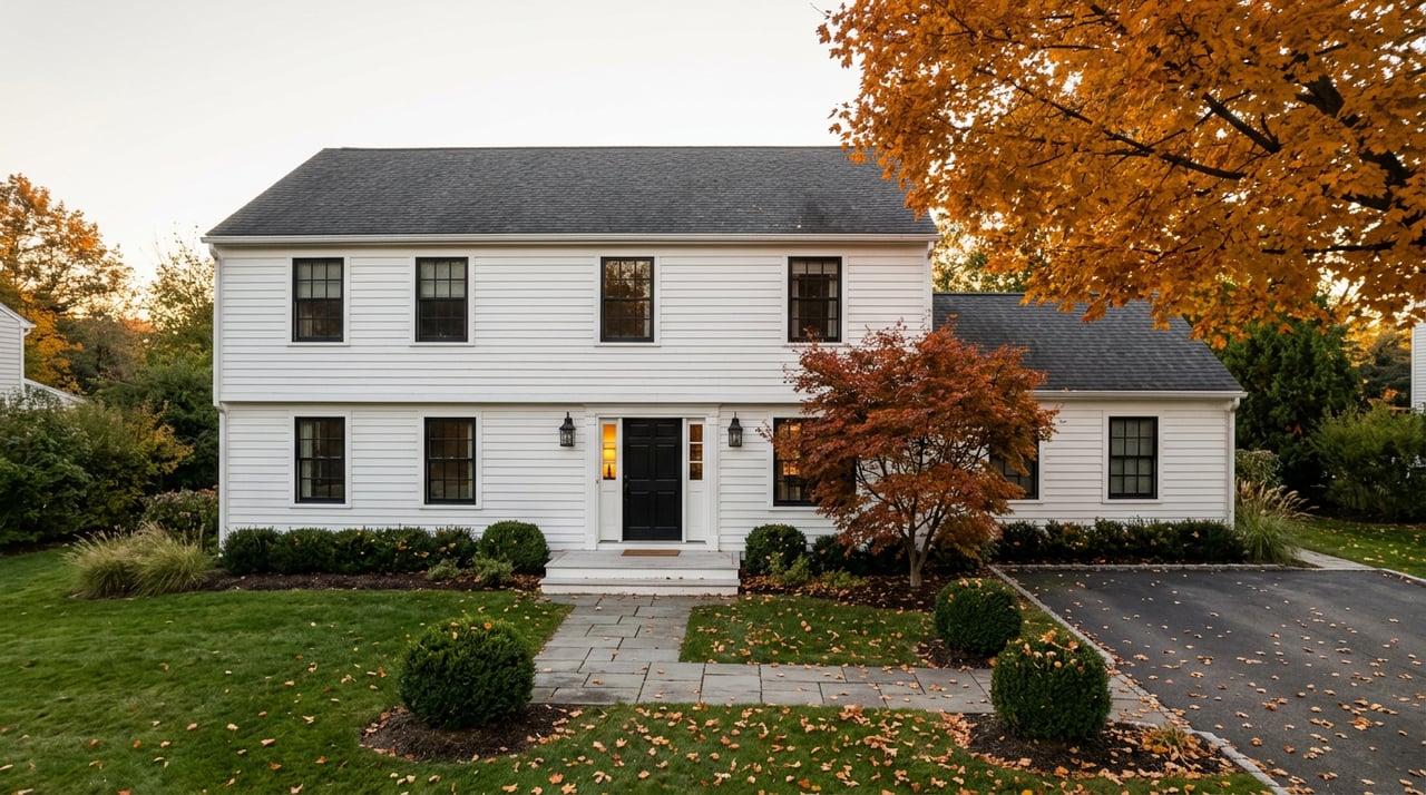 White clapboard farmhouse with a black door, stone walkway, and autumn maples framing the lawn.