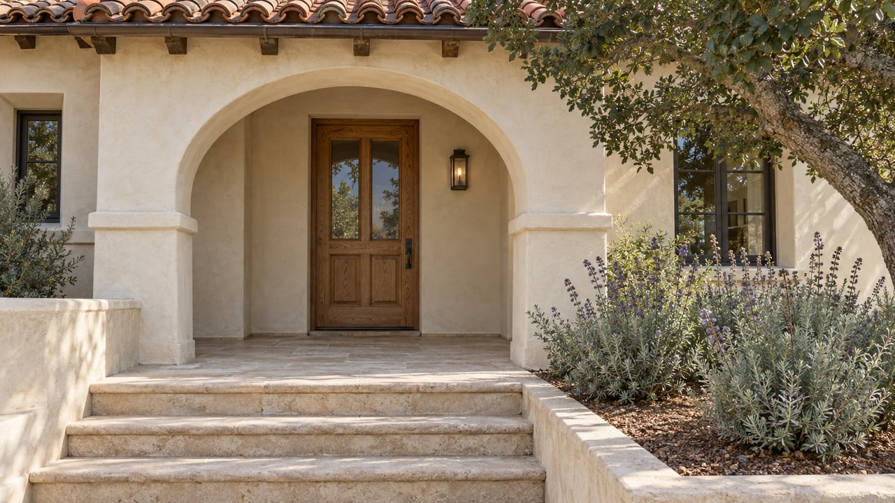 Cream stucco home entry with a shaded oak-and-glass door, weathered terracotta tiles, limestone steps and a small sage planting beneath an oak branch.