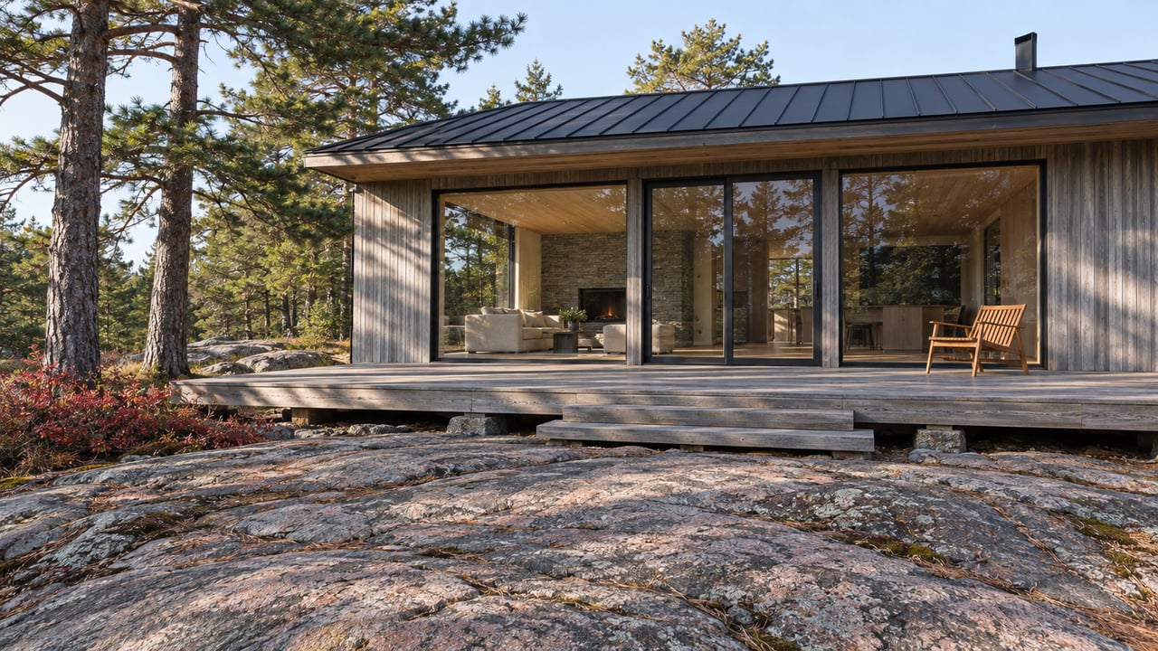 Contemporary cedar cottage with enclosed glass walls and a low weathered deck above pink-gray granite, beside mature white pines.