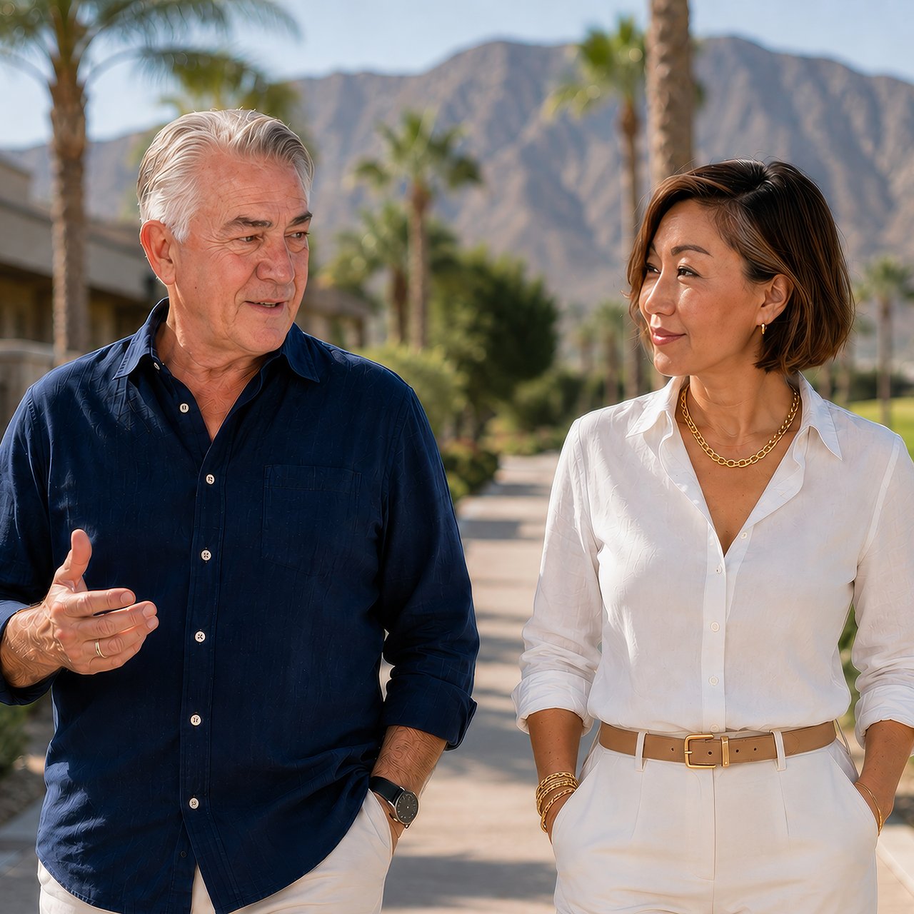 Two adults converse on a palm-lined walkway with mountains in the background.