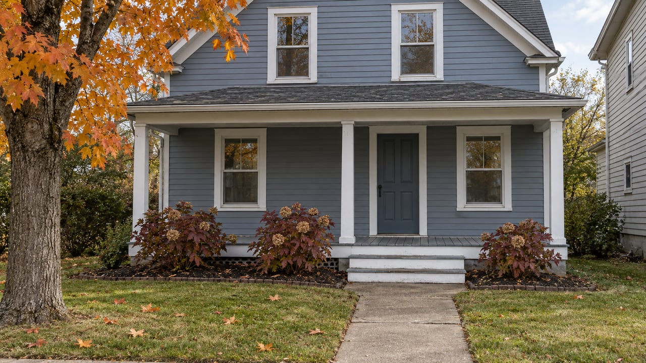 Blue-gray gabled house with a covered porch, short concrete approach, and orange maple foliage in autumn afternoon light.