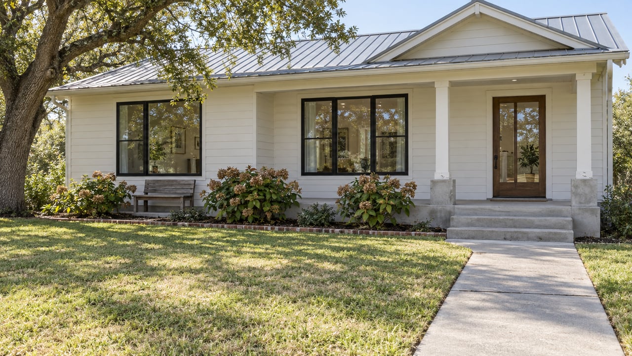 A single-story home with white siding, a metal roof and a shaded front porch beyond a broad lawn and concrete walkway.