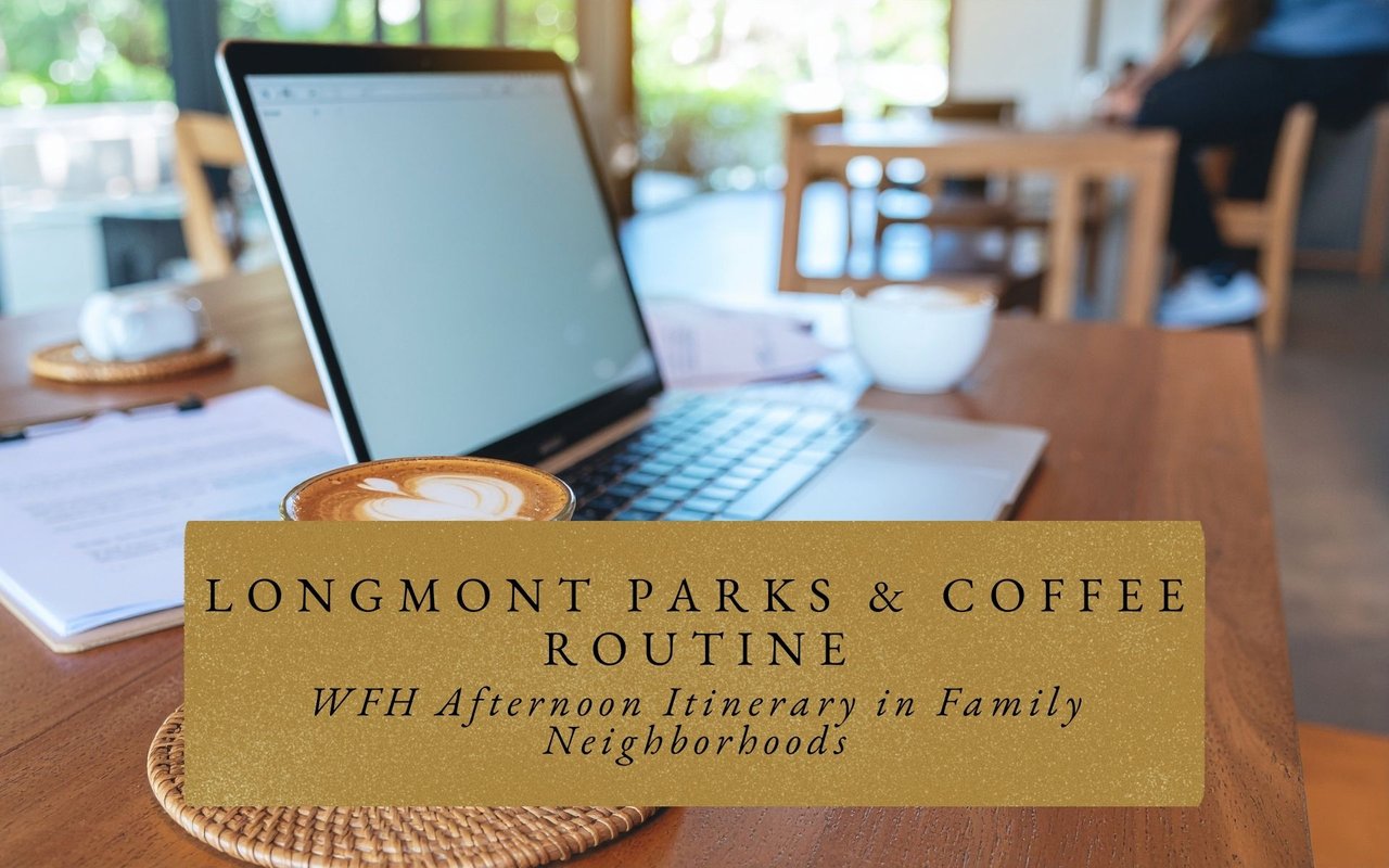 Outdoor table at Longmont coffee shop with laptop, iced latte, and park visible in background.