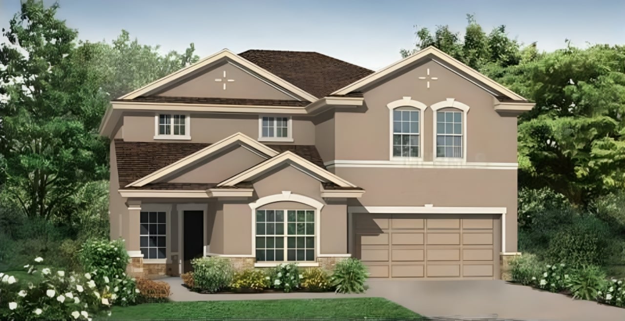 Two-story beige house with white-trimmed windows, a two-car garage, and landscaped front yard.