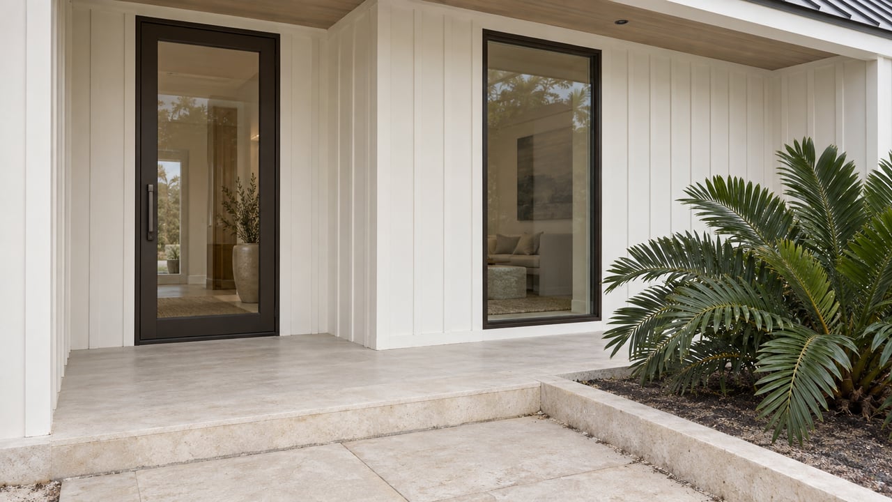 Coastal house entry with a bronze-framed glass door, matching window, limestone pavers, and a Zamia plant.