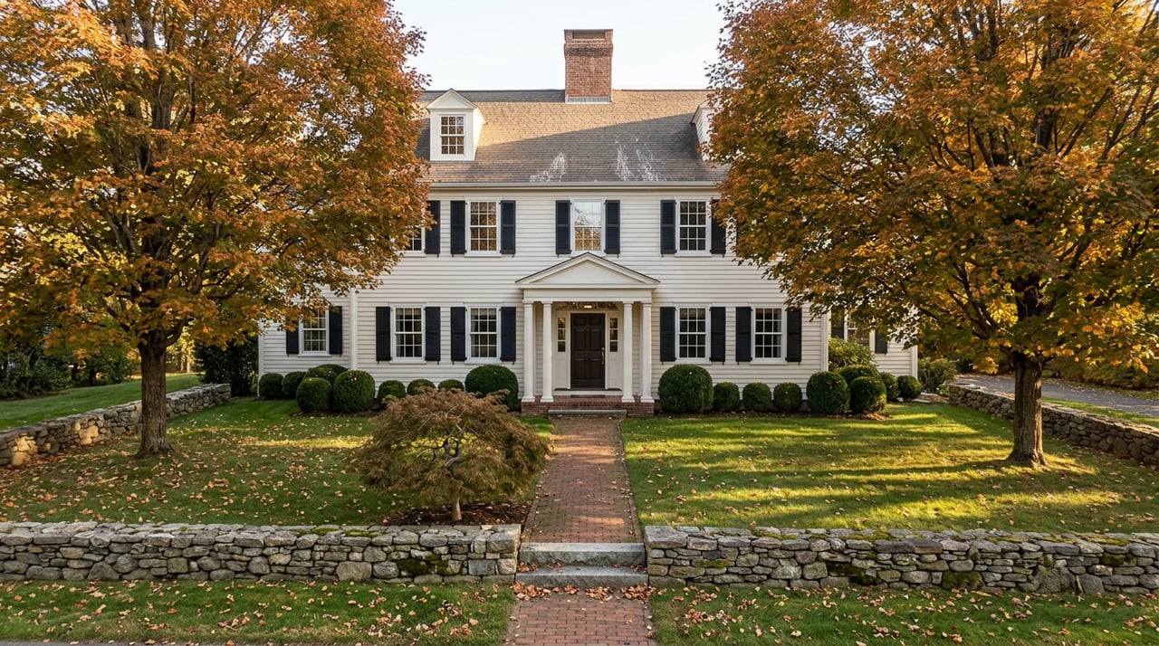 Off-white Colonial home behind a deep lawn, with orange maples, a brick walkway, and low fieldstone walls.