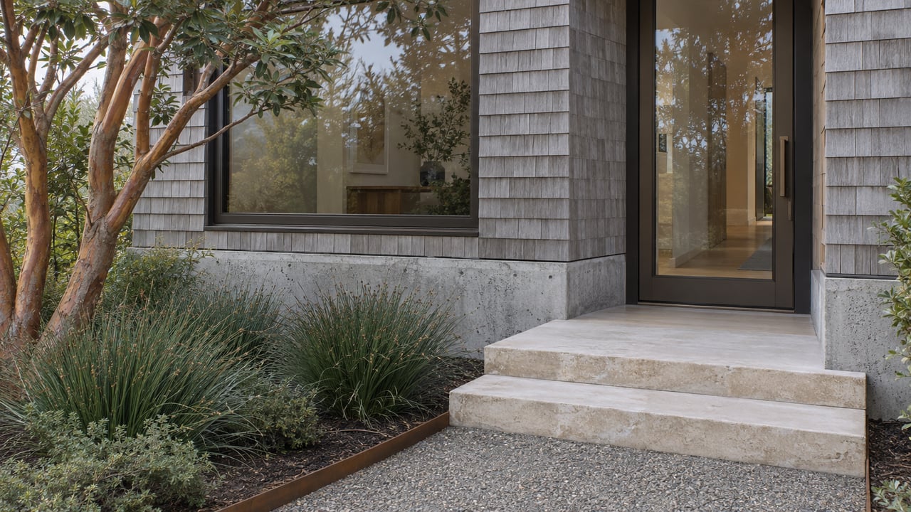 Raised home entry with a bronze-framed glass door, concrete foundation, limestone steps, and a lower planted bed.